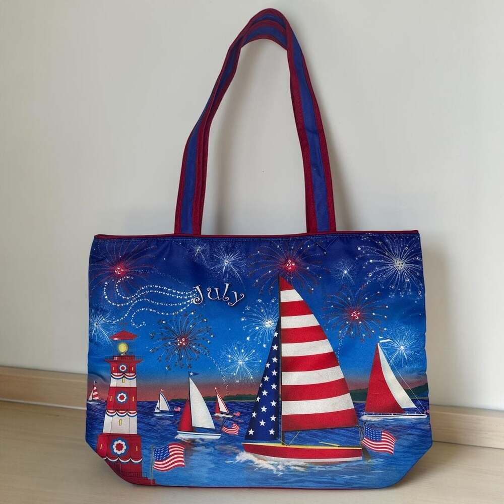 Patriotic July 4th Lighthouse and Sailboat Quilted Handmade Tote Bag